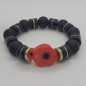 GiuliA Handmade Black Onix And Orange Coral- Metal Gold Plated Beaded Bracelet